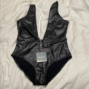 Missguided Black Faux Leather Plunge One-Piece Swimsuit